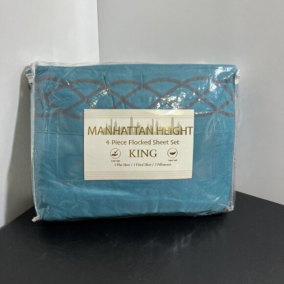 Manhattan Height 4 Piece Flocked Sheet Set King Flat, & Fitted Sheet, 2 Pillow - Picture 1 of 4